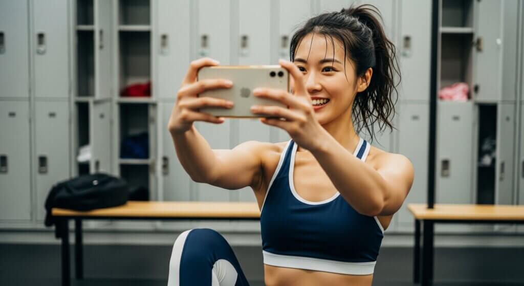 ガリガリ体型の改善のため、ジムに通い、トレーニング成果に満足する女性