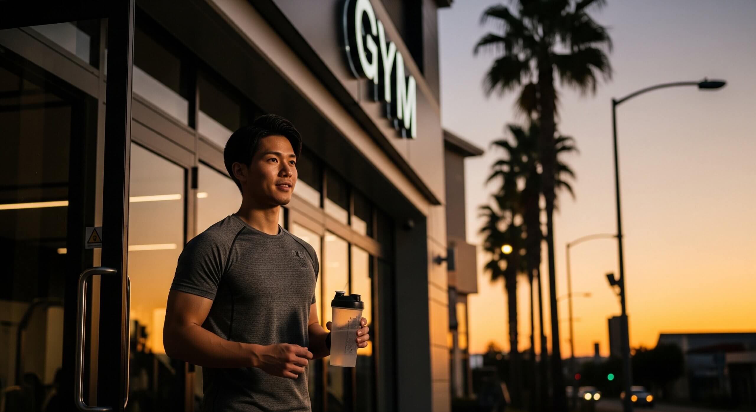 ガリガリ体型の男性がジムでのトレーニング後に満足している様子