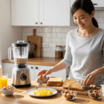 ガリガリ体型から健康的に太るために、高栄養の朝食を準備する20代の日本人女性の写真。明るいキッチンでナッツやヨーグルトなどを使った食事が並んでいる様子。