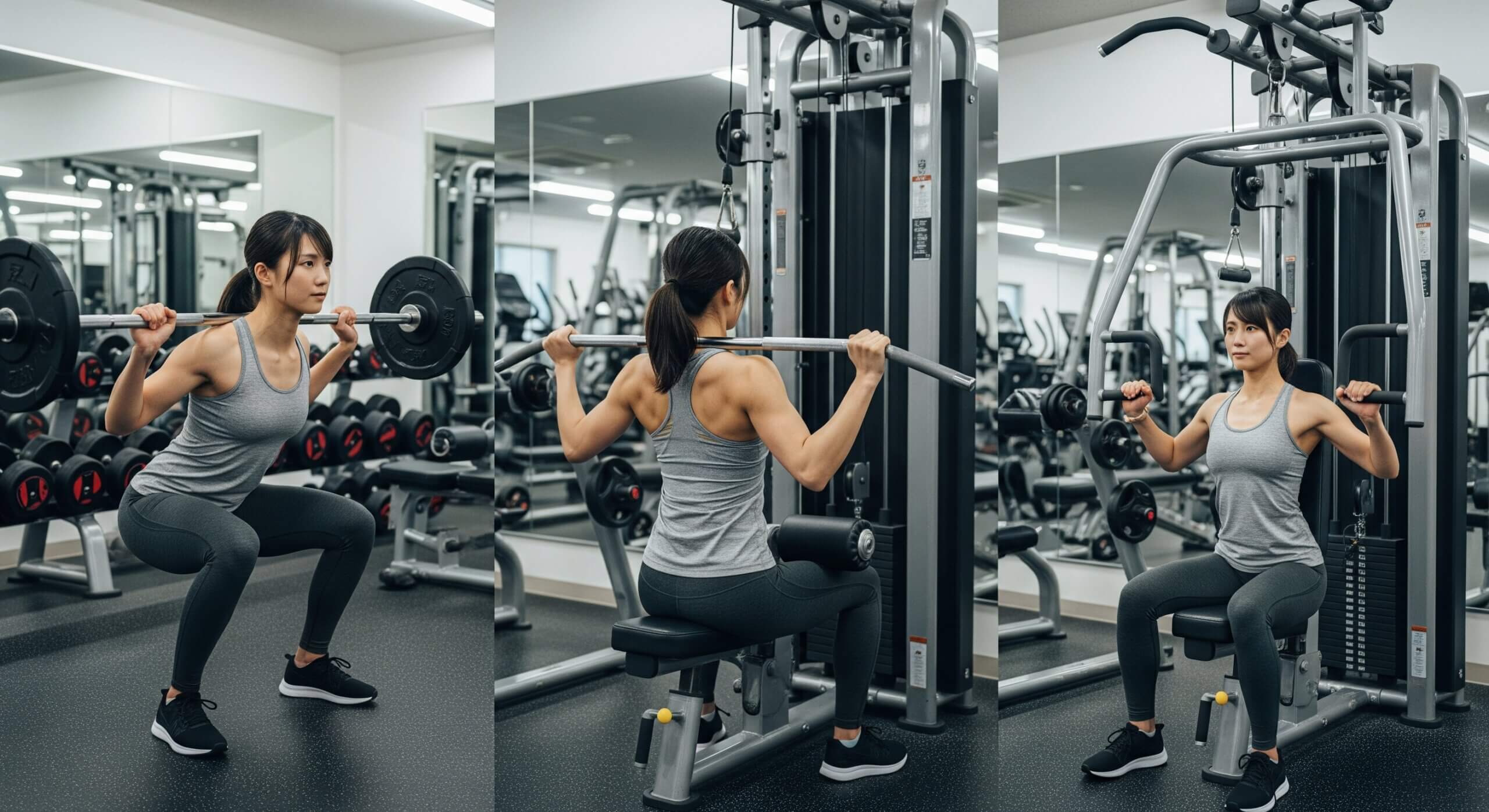 ガリガリ体型に悩み、ジムに通いマシントレーニングを行う女性