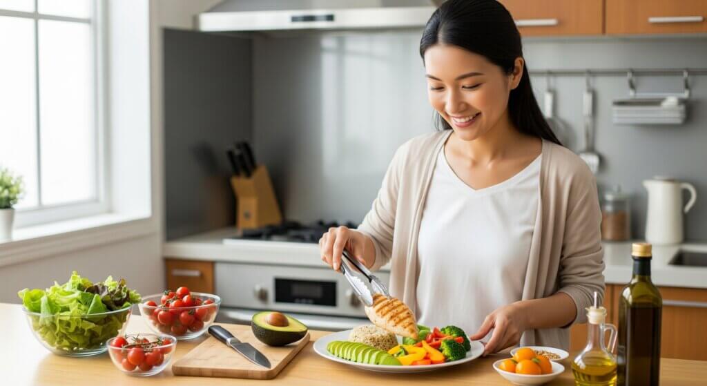 ガリガリ体型の改善のため、ジムに通い、健康的な食事をとる女性