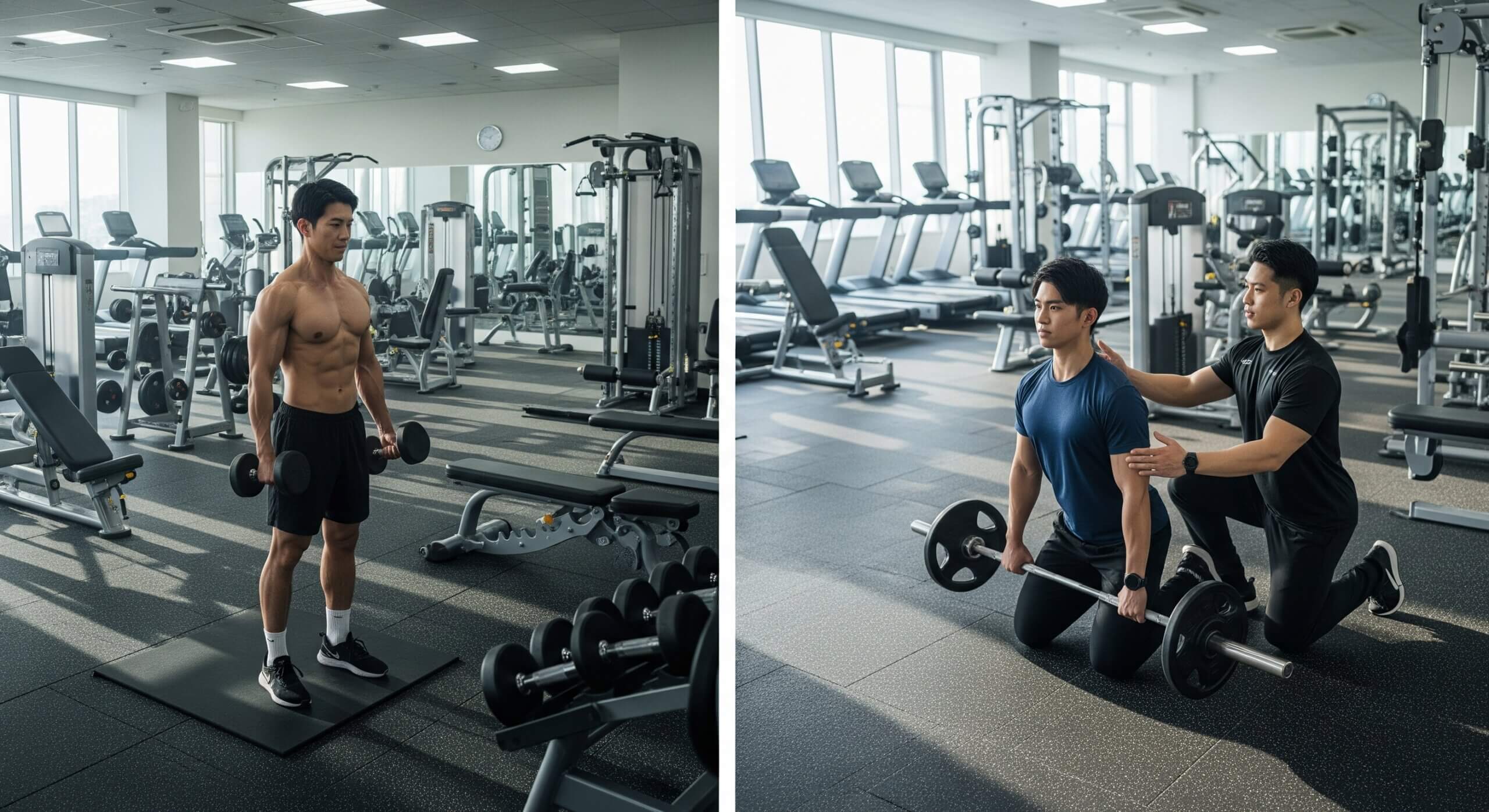 ガリガリ体型の男性がジムでトレーニングする様子