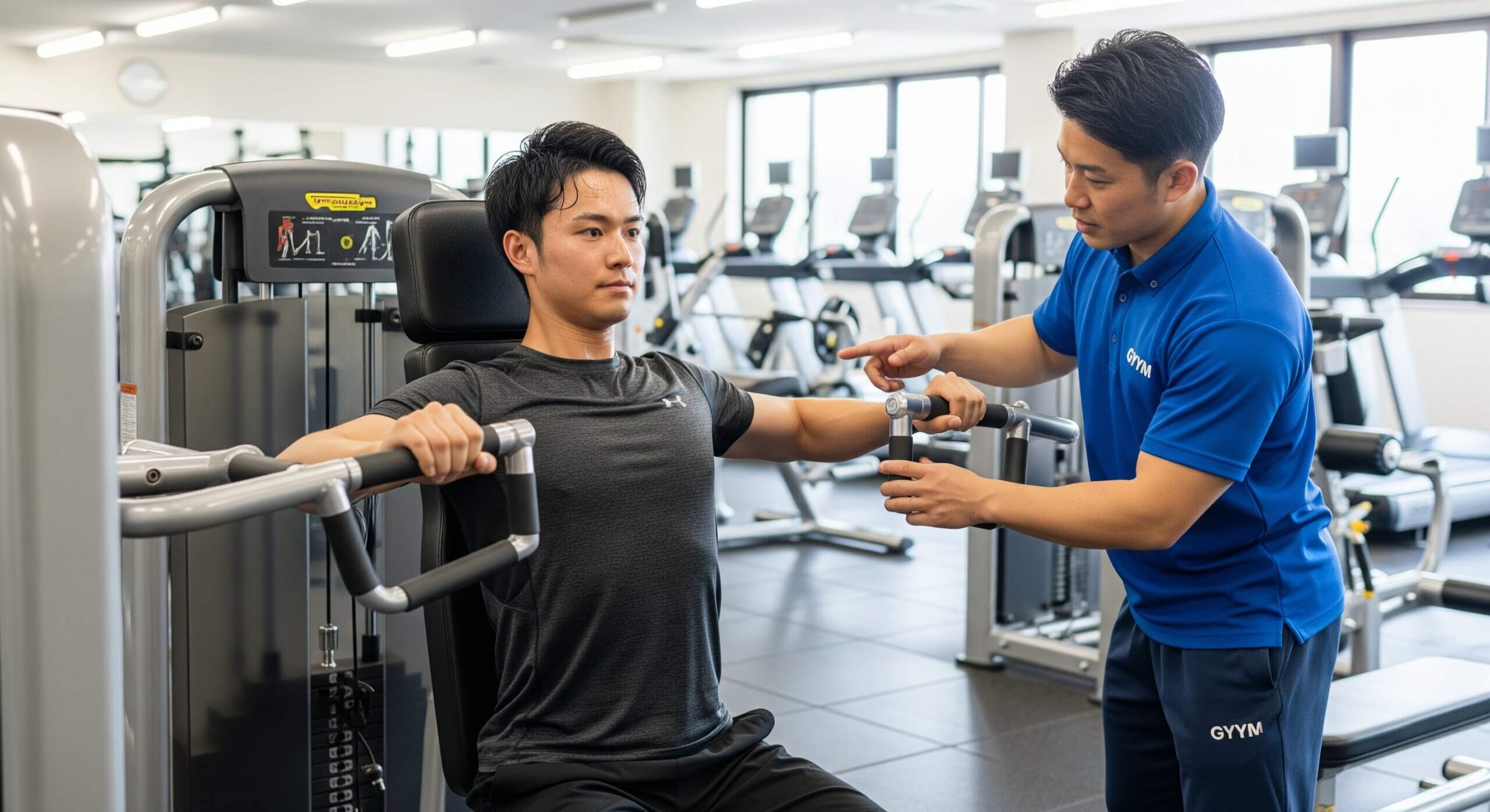 ガリガリ体型の男性がジムトレーナーの指導を受ける様子