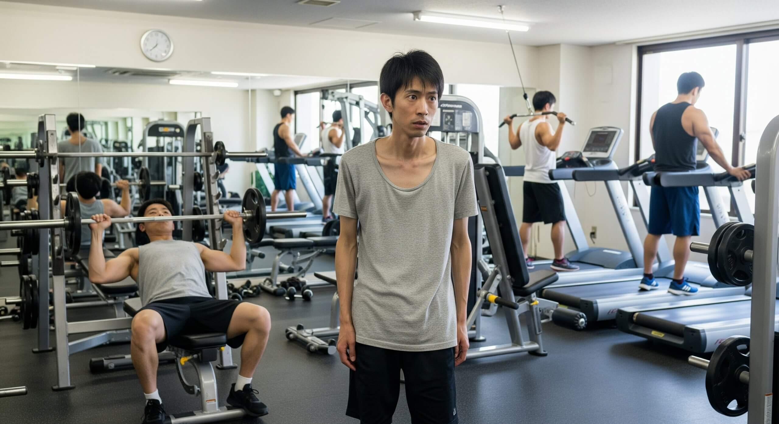 ガリガリ体型の男性がジムで周りの目を気にする様子