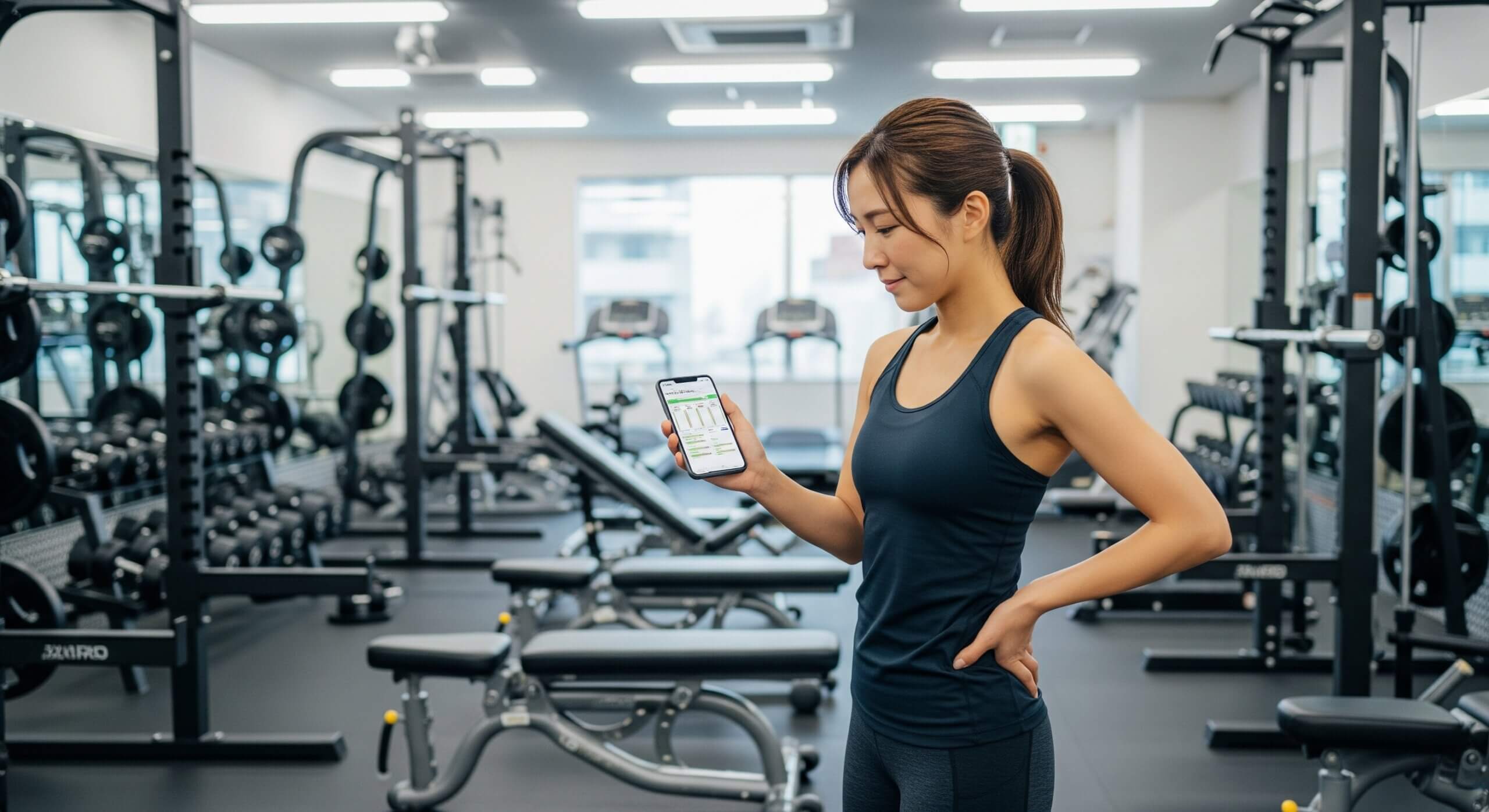 ガリガリ体型に悩み、ジムに通いトレーニング計画を確認する女性