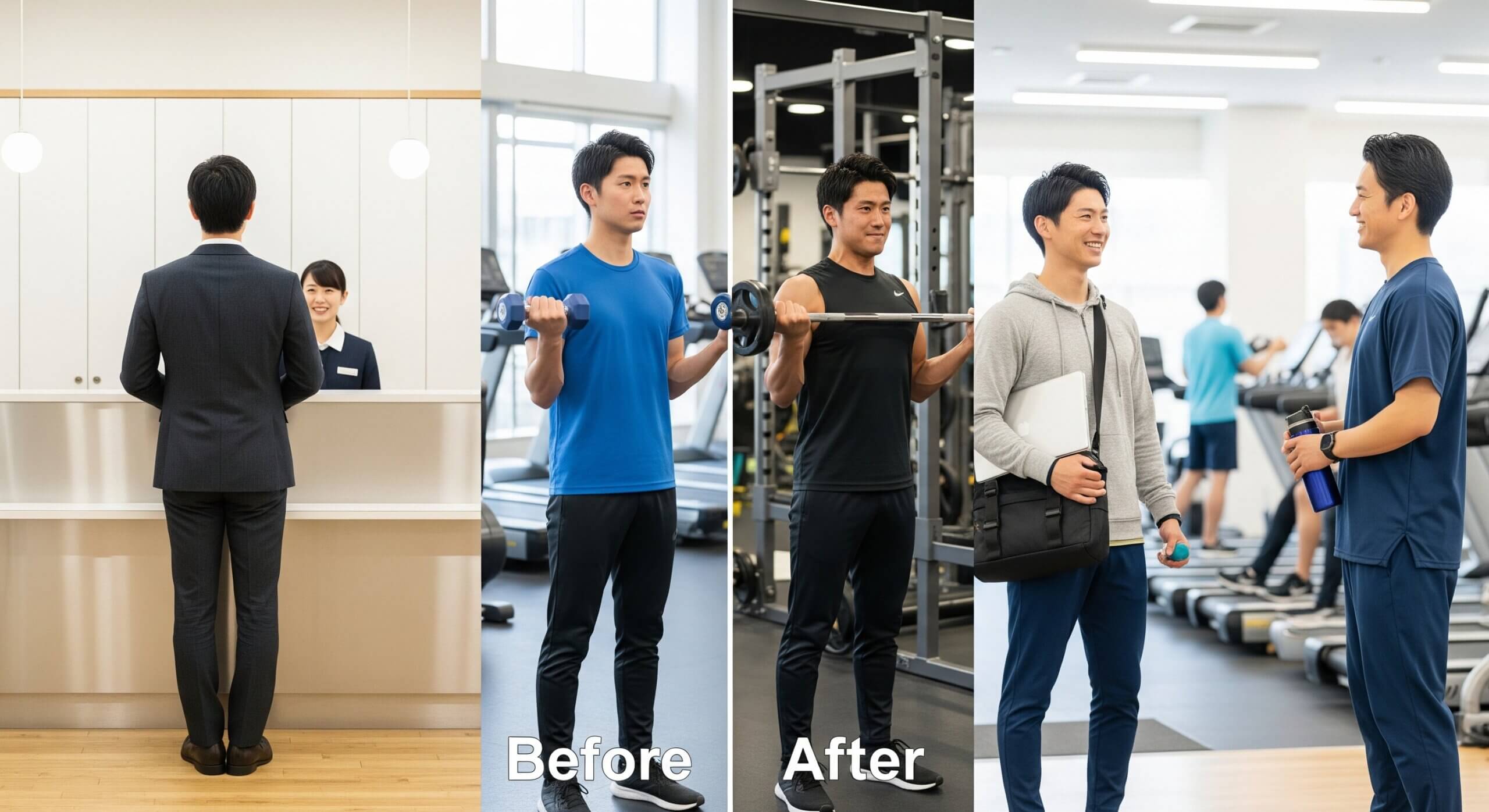 ガリガリ体型の男性がジムでトレーニングする様子のbefore/after