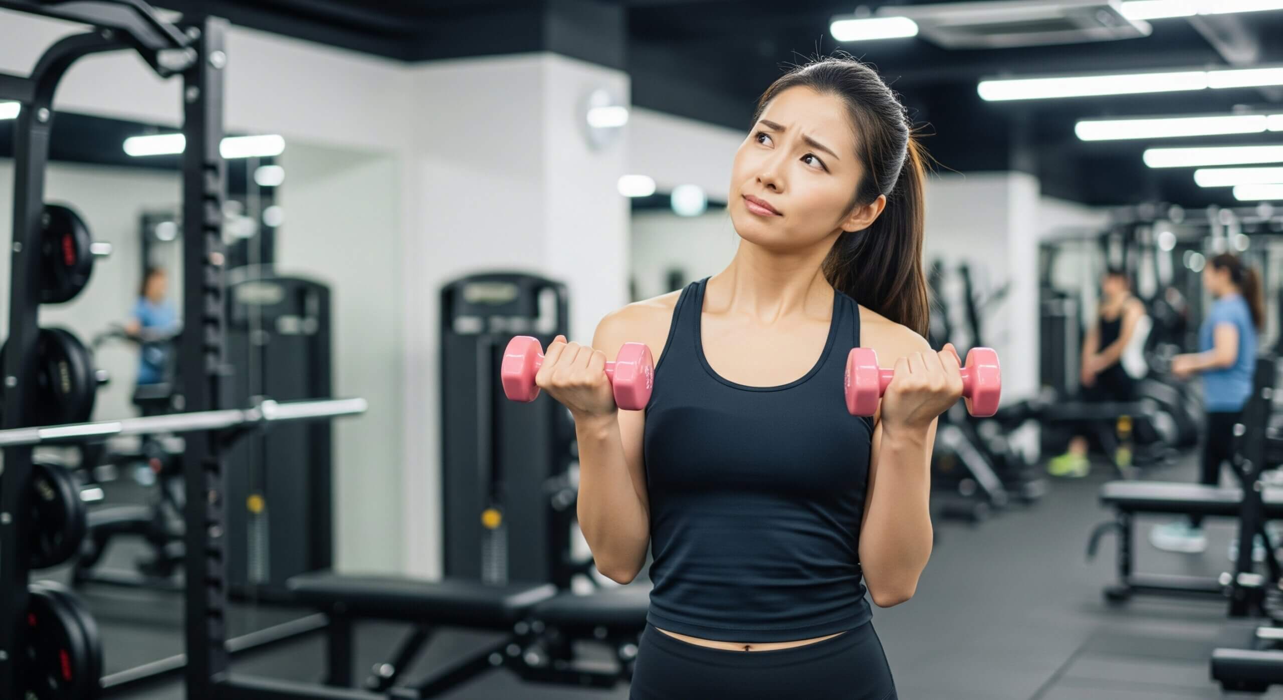 ガリガリ体型に悩み、ジムに通うがトレーニングに悩んでいる女性