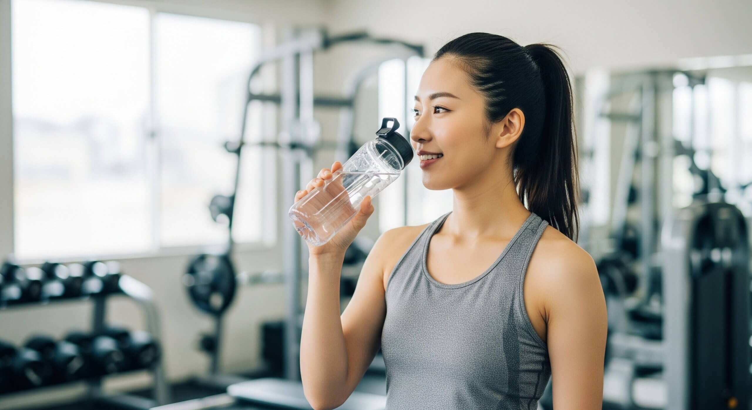 ガリガリ体型に悩み、ジムに通って休憩中の女性