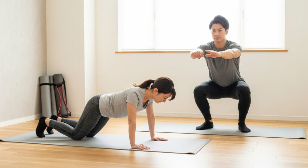 ガリガリ体型の改善のため、自宅で運動行う男女