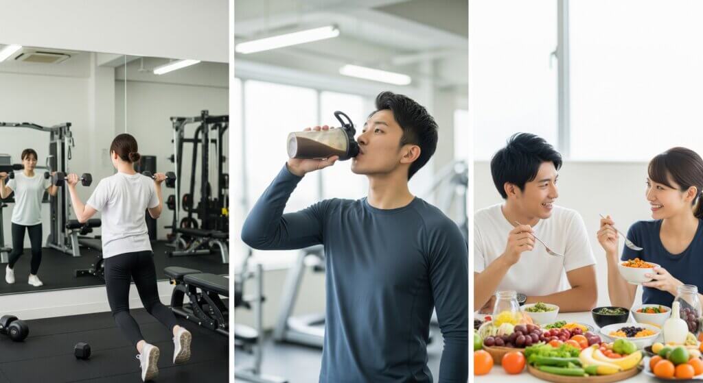 ガリガリ体型の改善のため、運動・食事を行う男女