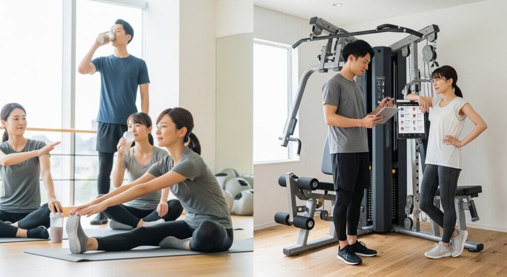 ガリガリ体型の改善のため、運動後のストレッチやトレーナーへの相談を行う男女