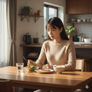 痩せ型で食欲がなく、食事を前に悩んでいる女性の写真