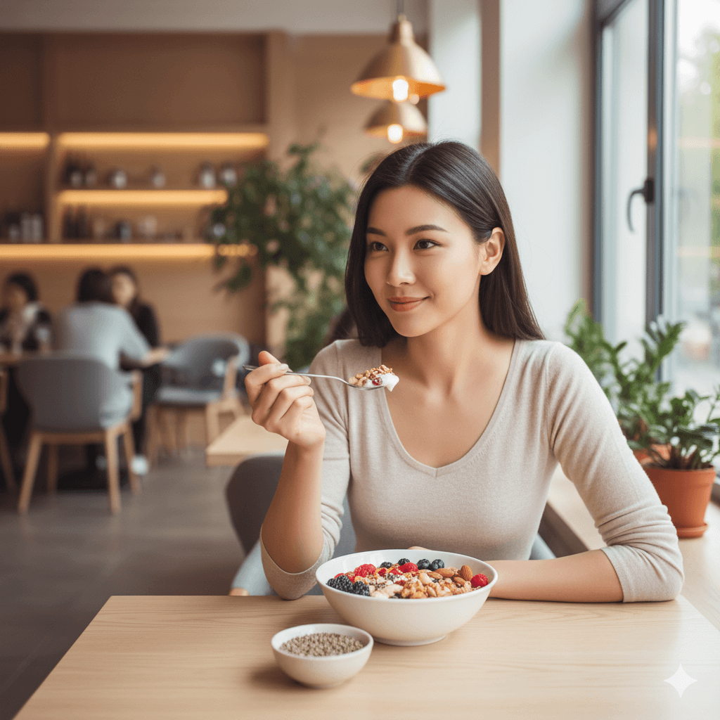 痩せ型の女性がナッツやヨーグルトを間食している写真風イメージ