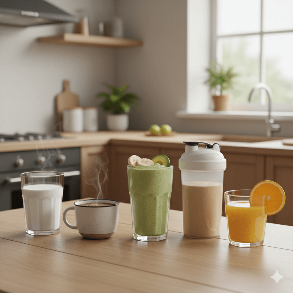 牛乳・ココア・スムージー・プロテインシェイク・オレンジジュースが並ぶ、太りたい人におすすめの飲み物の写真

