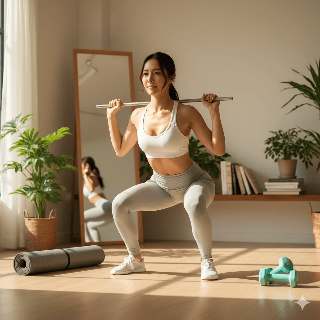 痩せ型女性が自宅でスクワットを行い、健康的に体重を増やすための筋トレに取り組んでいる様子。