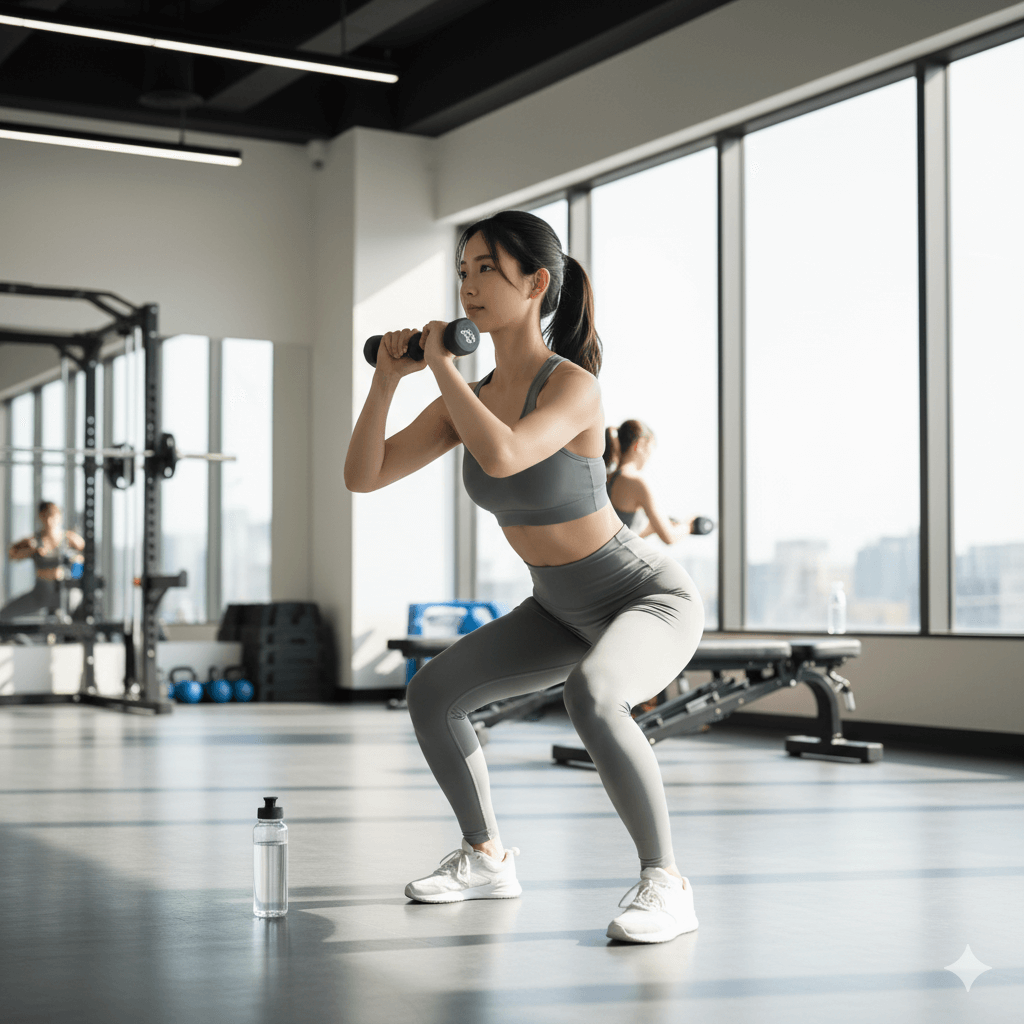 明るいフィットネススタジオで軽いダンベルを使ってスクワットをする女性の写真
