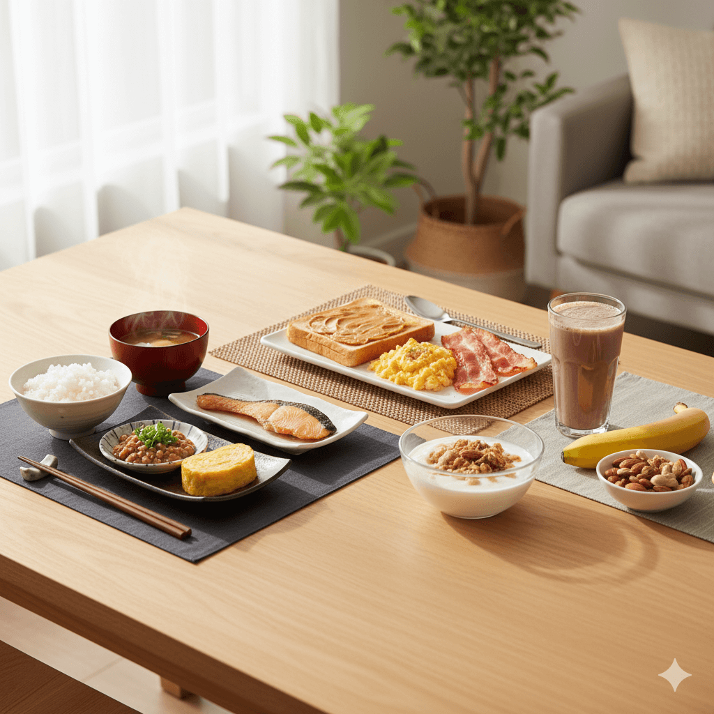 太るための朝食 メニューの例として和食・洋食・簡単メニューが並ぶ食卓