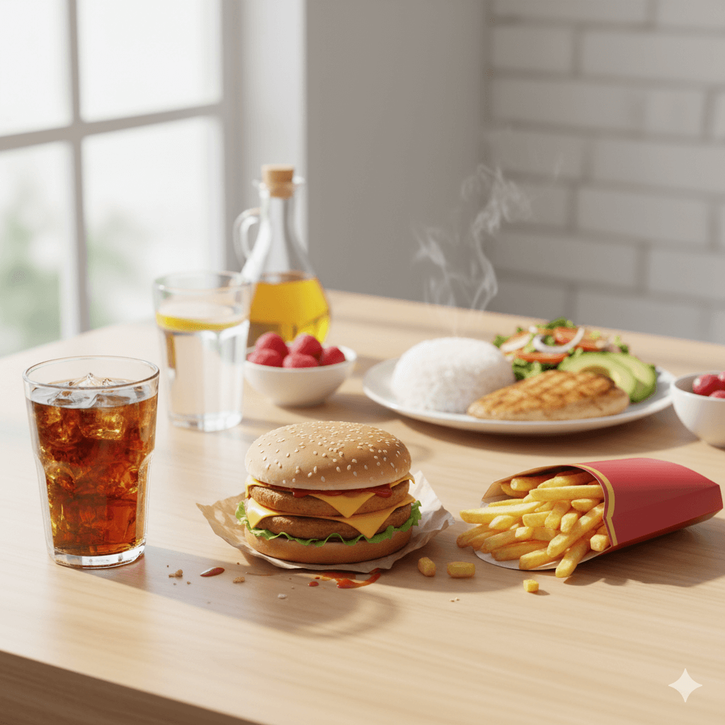 太るための食事として、ファストフードとバランスの良い食事が並び、どちらを選ぶべきか迷っているシーン。