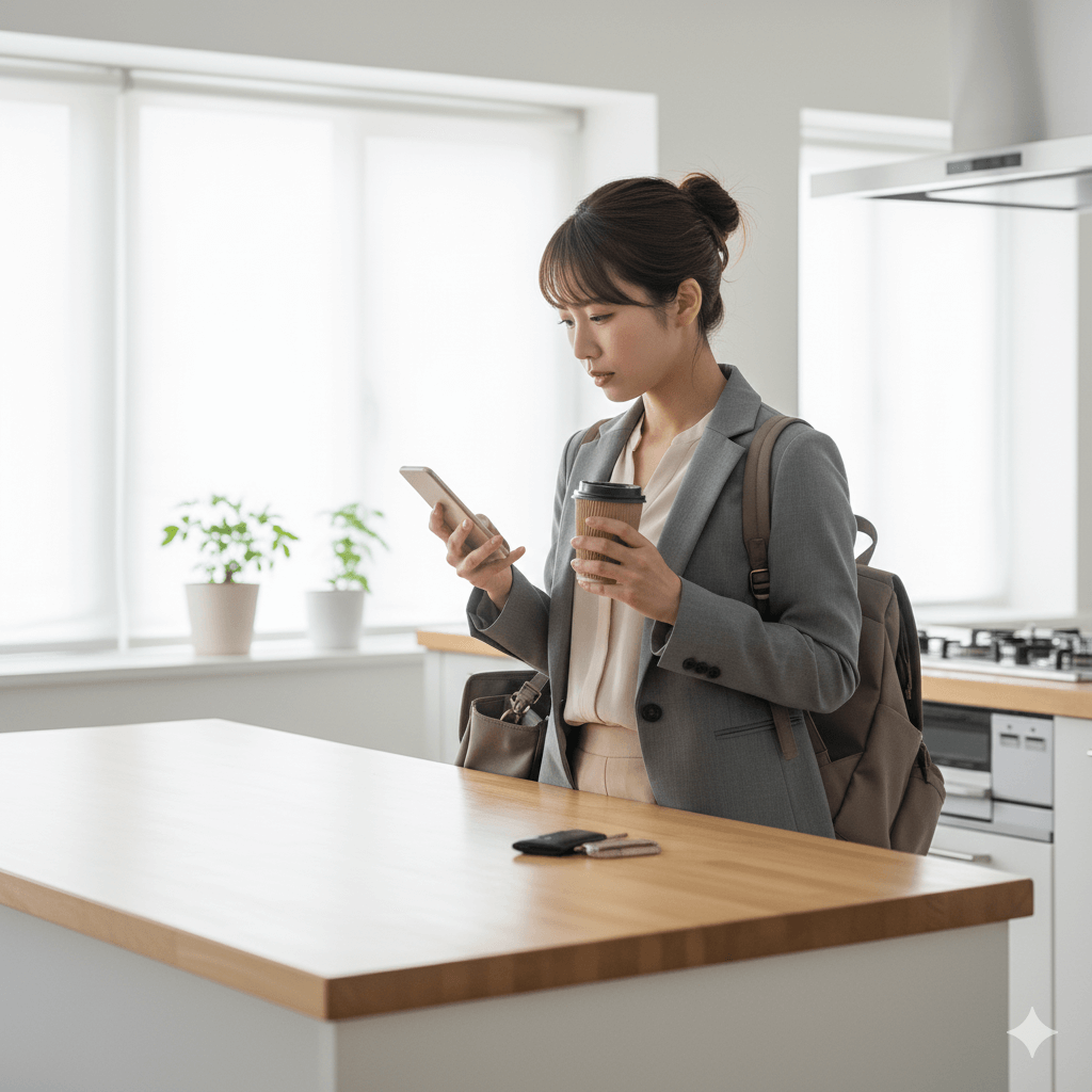 やせ型女性が朝食を抜いて出勤準備をしている様子。やせ型の改善のために生活習慣の見直しが必要なことを表すイメージ。