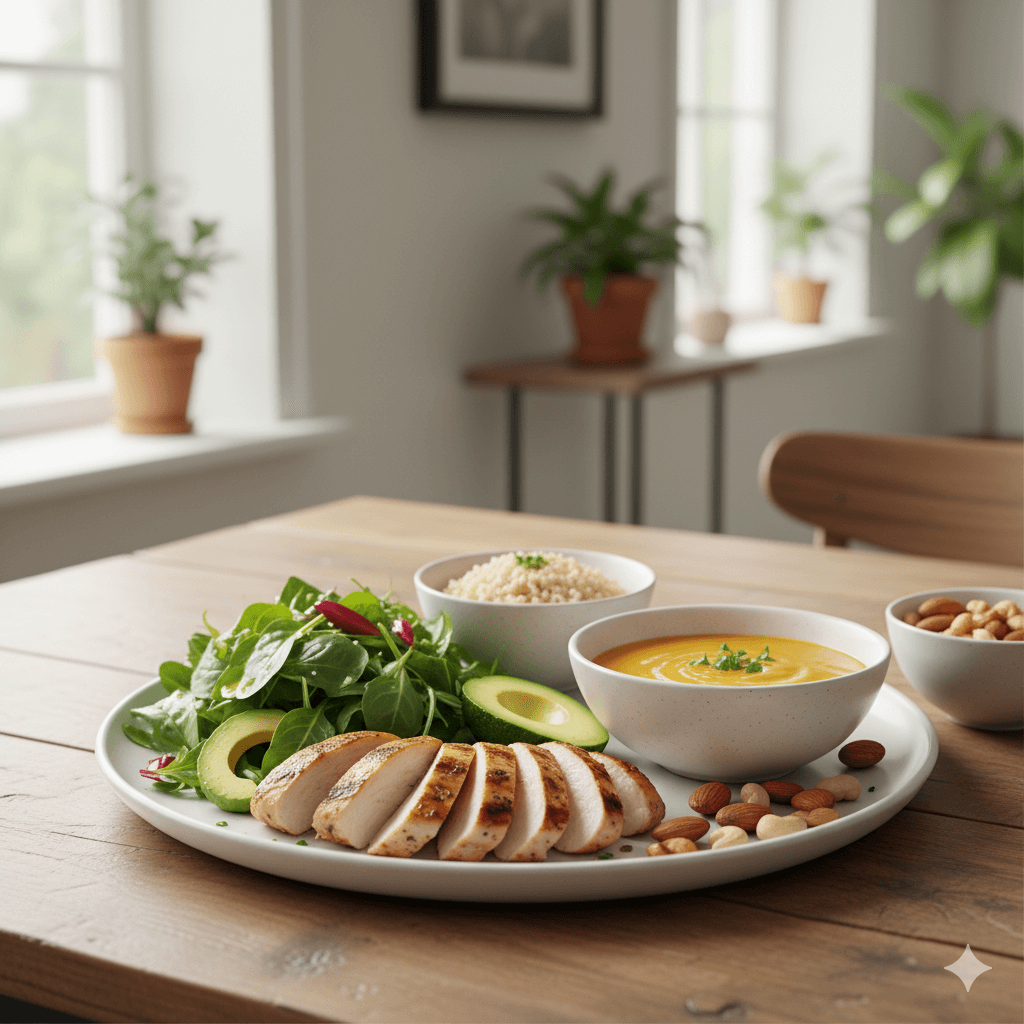 やせ体質を改善するために必要な高栄養な食事メニューの例。やせ型の改善を目指す女性のための食事アプローチを表現したイメージ。