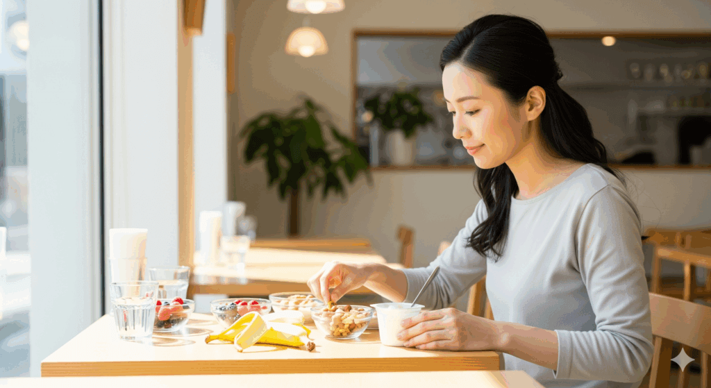 太る ため の 間食 おすすめとして紹介されるナッツ・バナナ・ヨーグルトを摂る痩せ型女性のイメージ写真
