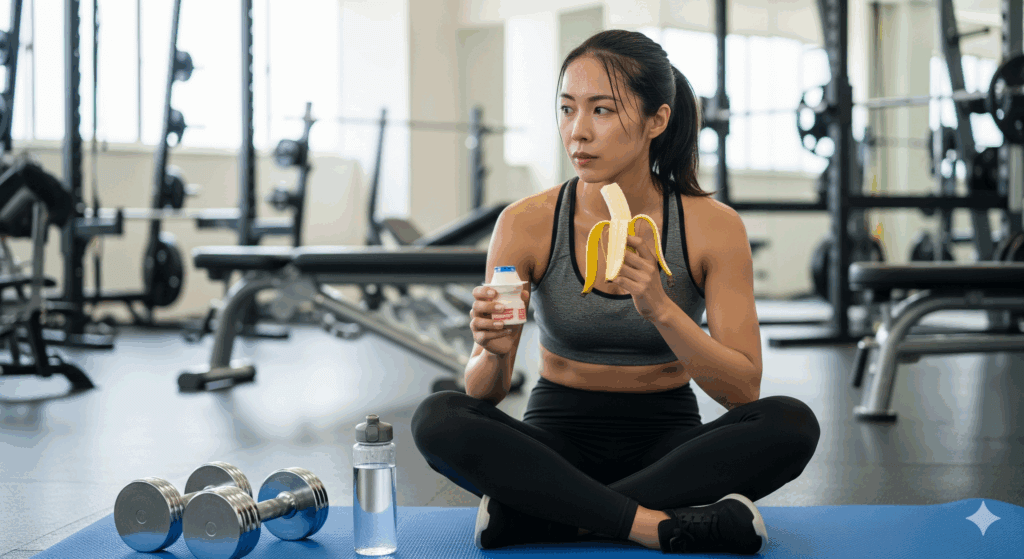 筋トレと合わせて太る ため の 間食 おすすめを摂る女性のイメージ写真
