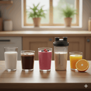 牛乳・ココア・スムージー・プロテインシェイク・ジュースが並ぶ、健康的に太るための飲み物のイメージ写真