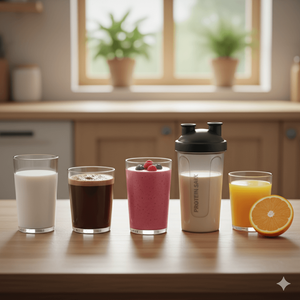 牛乳・ココア・スムージー・プロテインシェイク・ジュースが並ぶ、健康的に太るための飲み物のイメージ写真