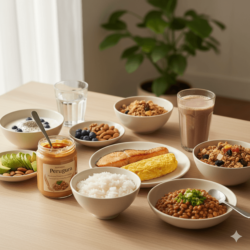 太るための朝食メニューとして卵料理や納豆、焼き魚、ヨーグルト、アボカドトーストが並ぶ健康的な食卓