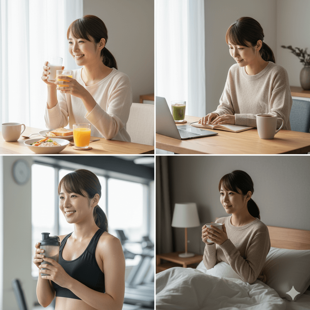 朝・昼・運動後・就寝前にそれぞれ飲み物を取り入れている女性のシーン
