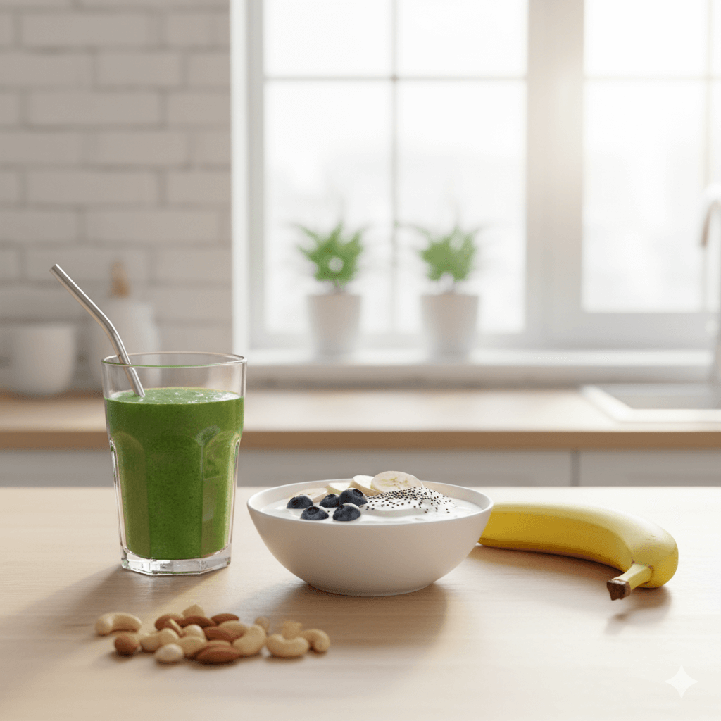 食欲がない人でも取り入れやすい太るための朝食 メニューとしてバナナ、ヨーグルト、スムージー、ナッツが並ぶ食卓
