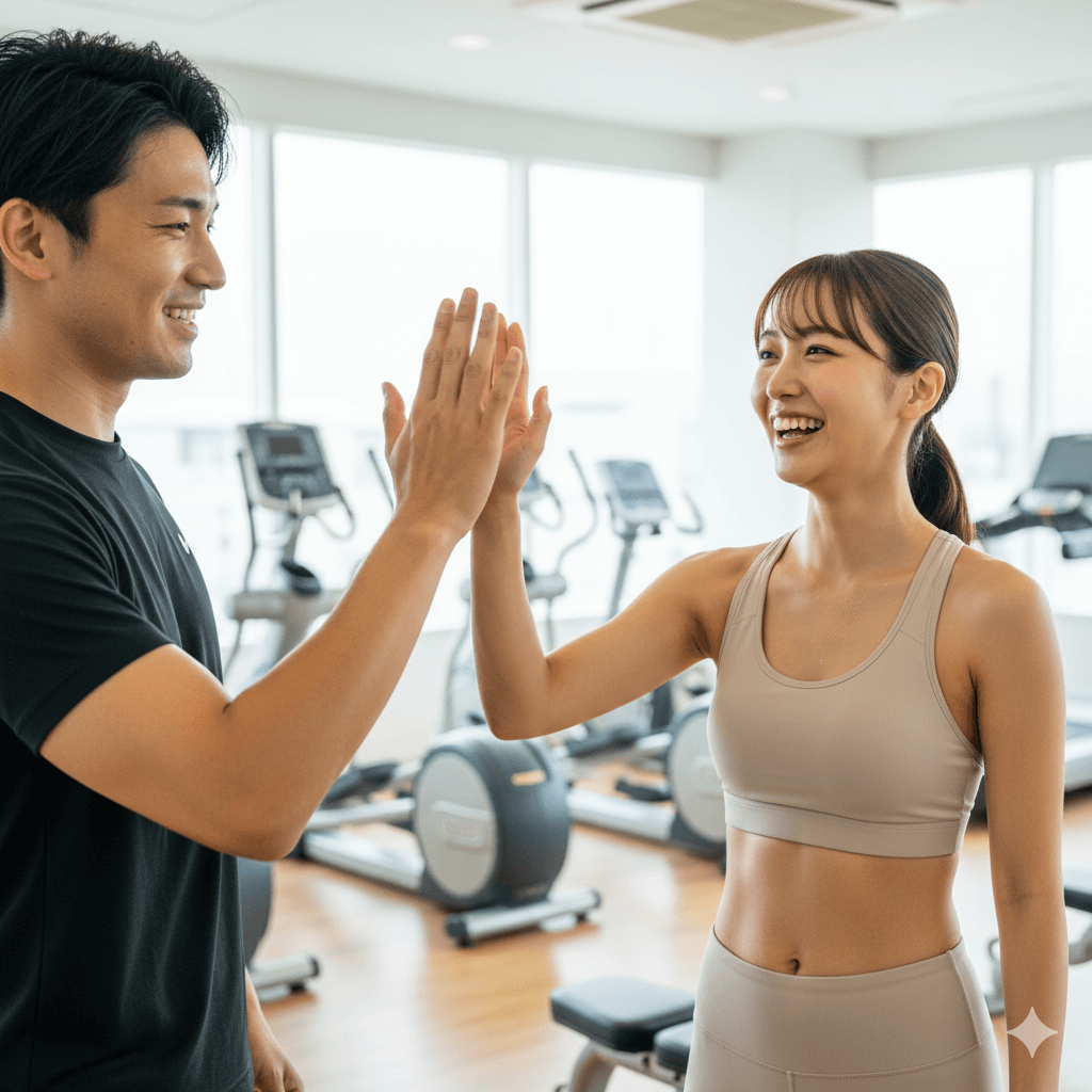 ジムで笑顔でトレーニングを継続する痩せ型女性とトレーナーのイメージ写真｜太りたい ジム 女
