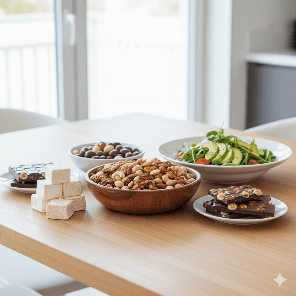 食卓に並ぶナッツ、チーズ、アボカド入りサラダ、ナッツ入りチョコなど脂質系の間食