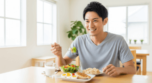 筋肉で体重を増やすための食事 をテーマに、痩せ型男性が高タンパクで栄養バランスの良い食事を摂っている様子