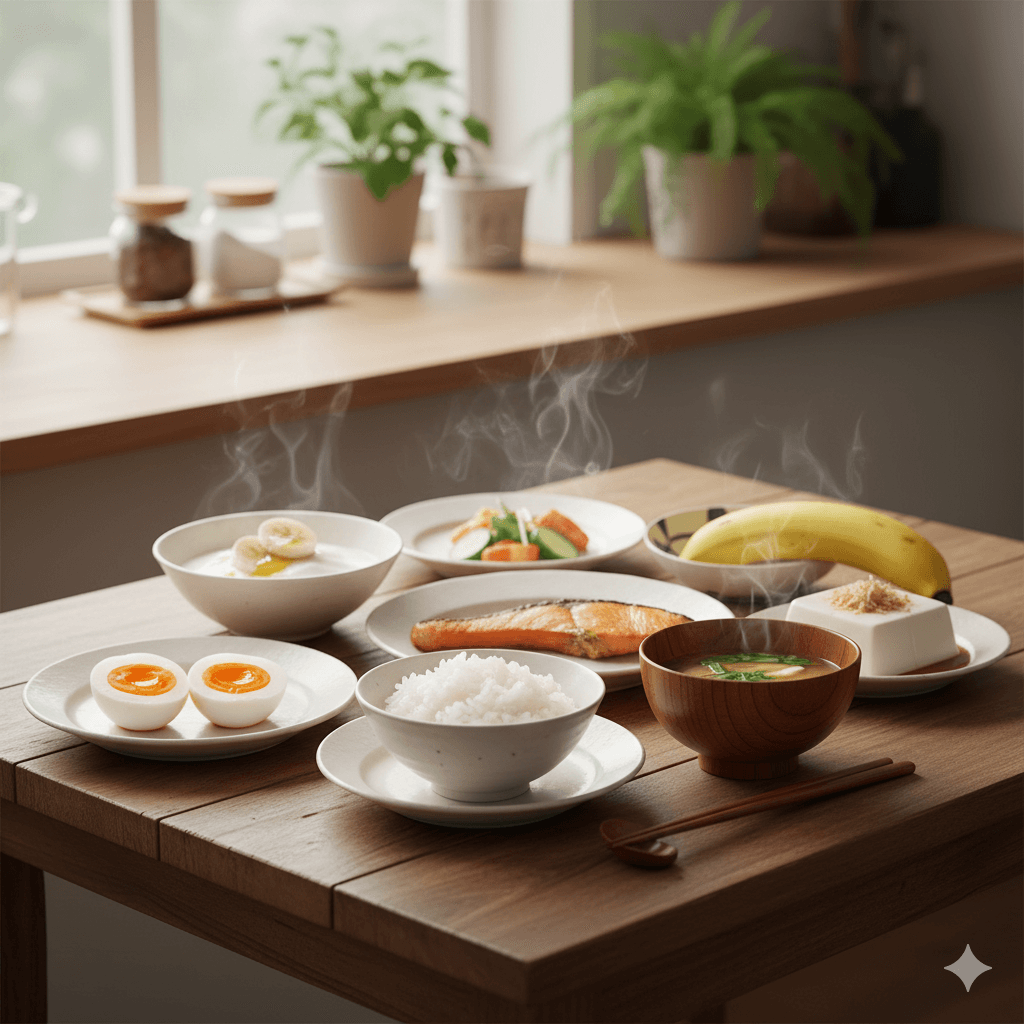 消化吸収をサポートする食品（ごはん、豆腐、鮭、卵、ヨーグルト、バナナ、味噌汁）が並んだ食卓の写真
