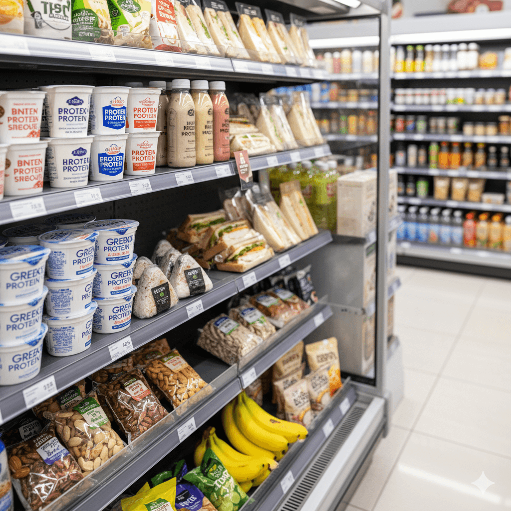 コンビニで購入できる健康的な間食（ヨーグルト、サンドイッチ、おにぎり、ナッツ、バナナ）が並んでいる様子