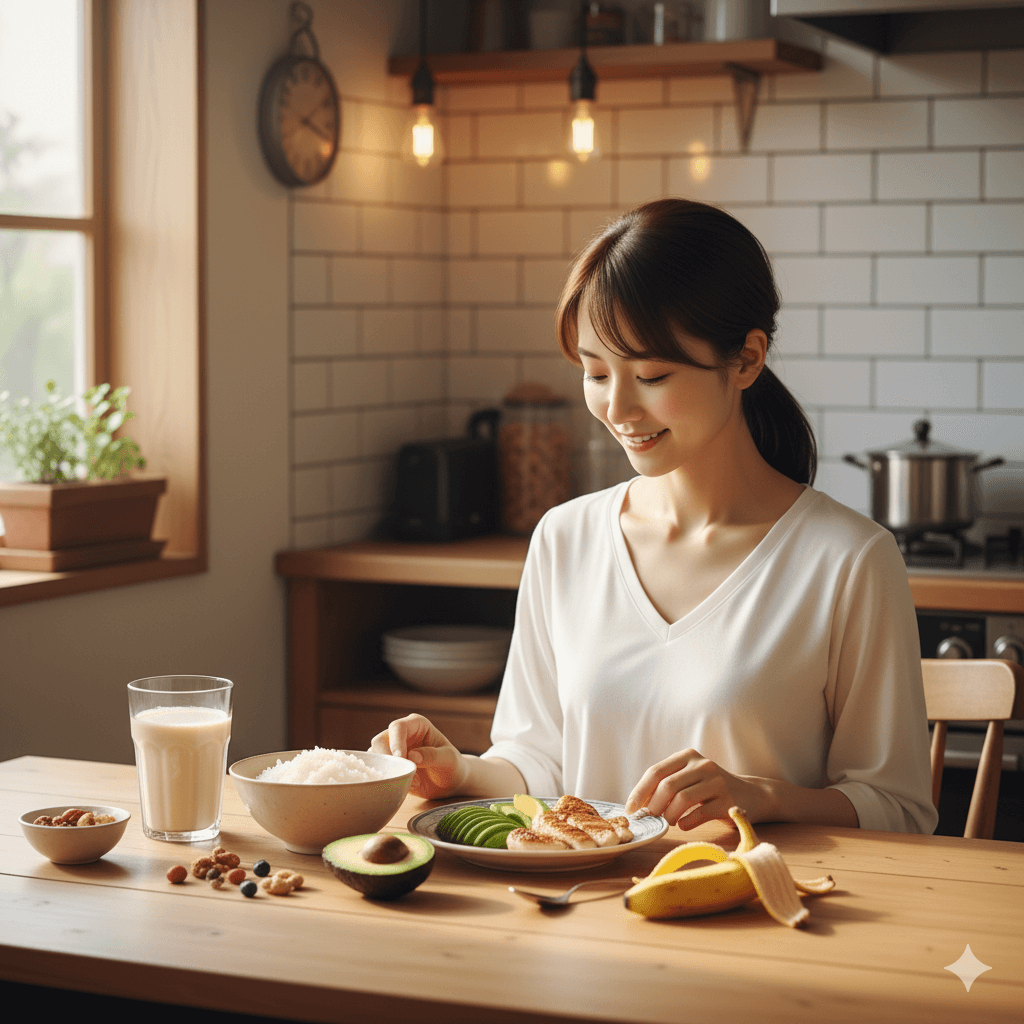 痩せ型女性が「太るための食べ物」をテーブルに並べて食事しているシーン。ご飯、ささみ、アボカド、バナナ、プロテインなどの高栄養食品を取り入れた食事内容。