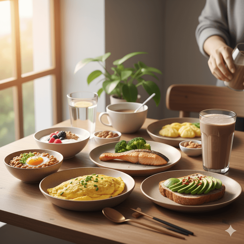 太るために朝食をしっかり食べる日本人女性と和食メニューが並ぶ食卓
