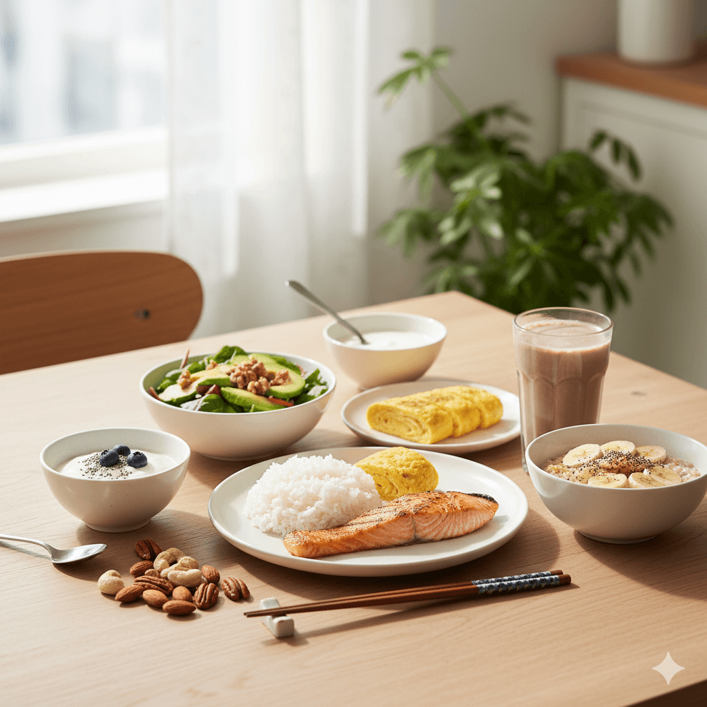 太るための朝食メニューとしてPFCバランスを意識したご飯、卵、魚、ナッツ、ヨーグルトが並ぶ食卓