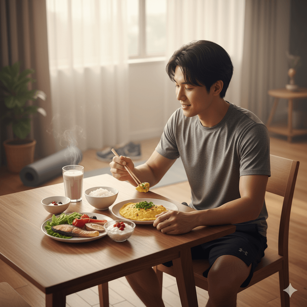 太るための朝食 メニューを取り入れながらトレーニングを続ける日本人男性の朝食シーン
