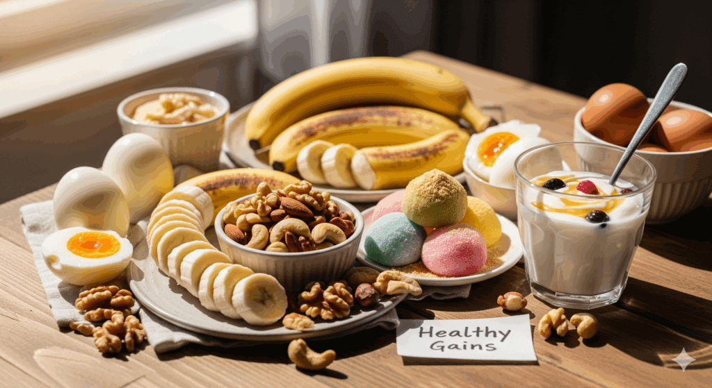 太る ため の 間食 おすすめとして紹介されるナッツ・バナナ・もち・卵・ヨーグルトが並んだイメージ写真
