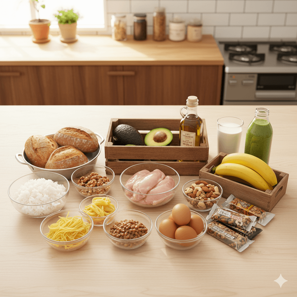 白米や卵、アボカド、バナナ、牛乳などの太るためのおすすめ食材がジャンル別にテーブルに並べられているシーン。