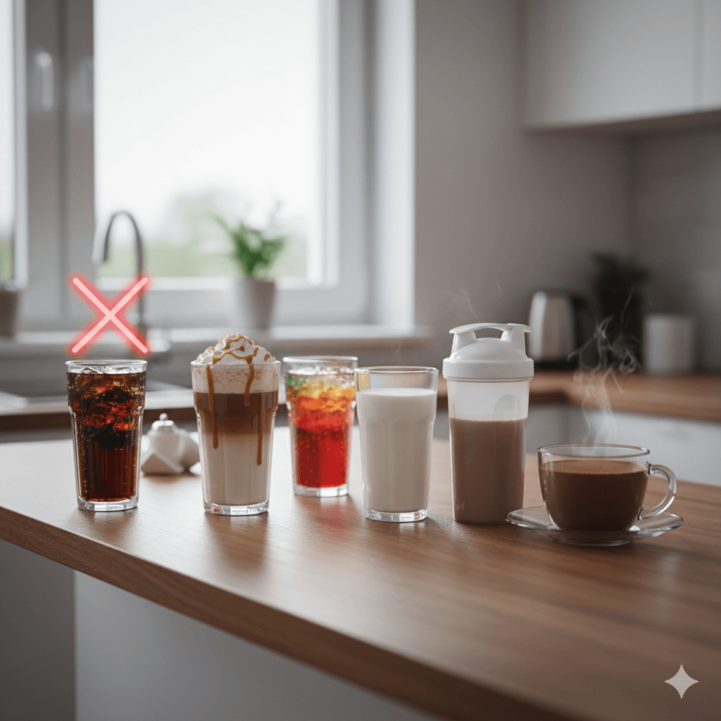 砂糖や脂質が多い飲み物と、牛乳やプロテインなど健康的な飲み物が並んでいる写真
