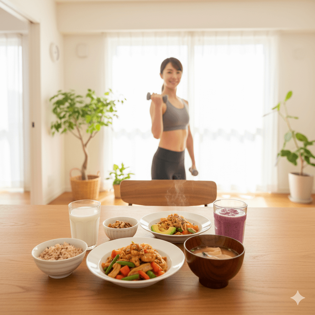 栄養バランスの良い食事と太るための飲み物、軽い筋トレをする女性の写真
