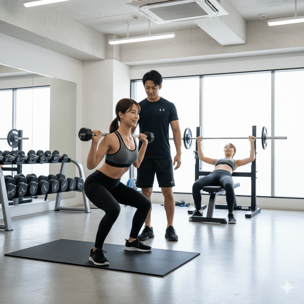 やせ型女性がパーソナルトレーナーの指導で筋トレをしている様子。やせ型の改善に向けた健康的な筋肉づくりを表現したイメージ。