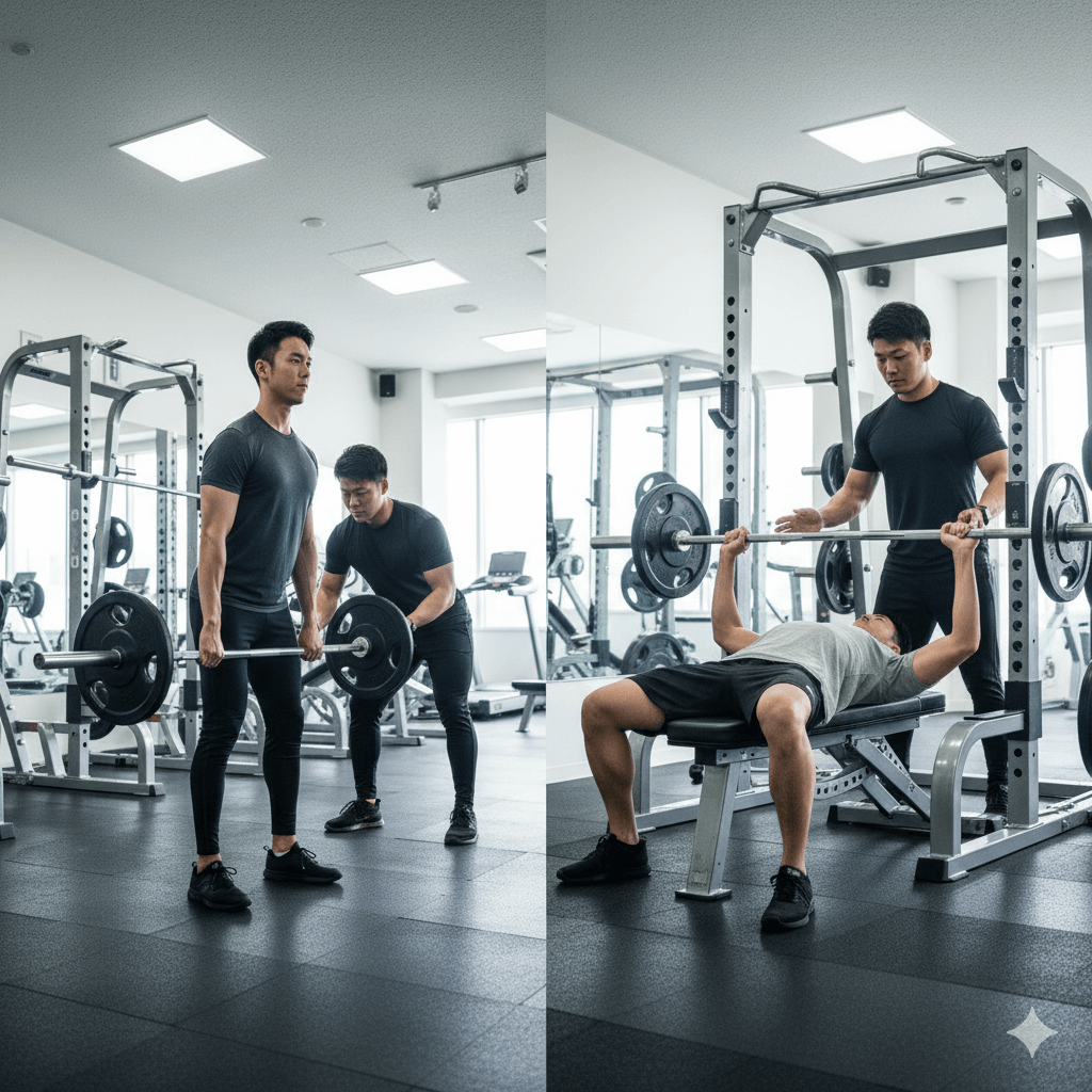 痩せ型男性がジムでベンチプレスやデッドリフトに取り組む筋トレ風景
