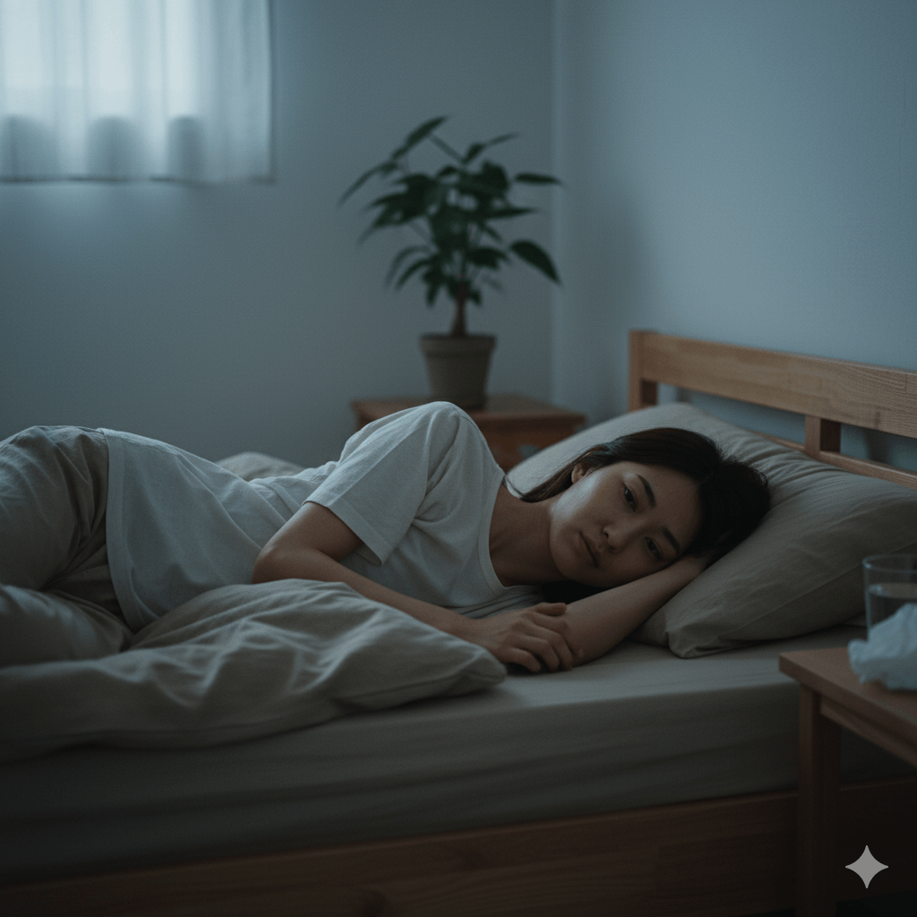 やせすぎによる体力低下で疲れやすくなっている女性の様子。やせ 型の改善を必要とする状態を示すイメージ。