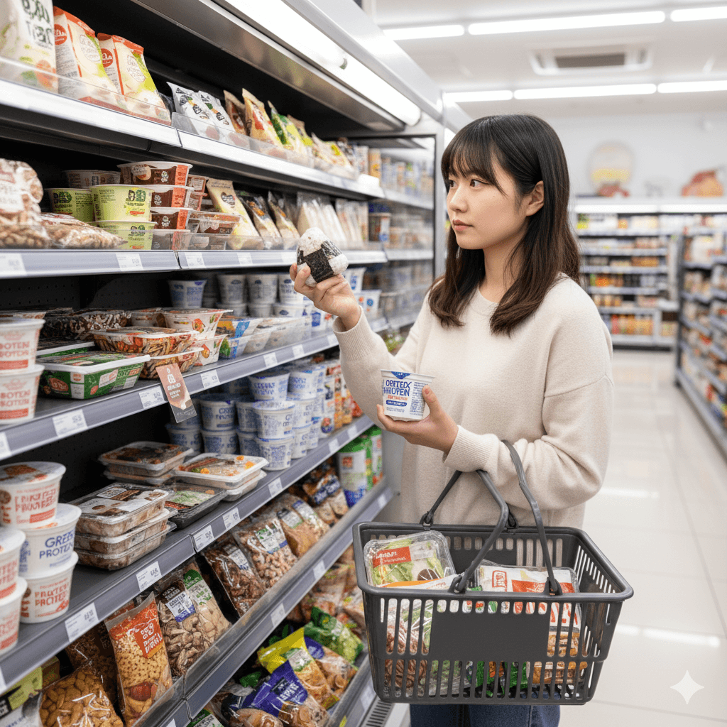 コンビニで健康的な間食（おにぎりやヨーグルト、ナッツなど）を選ぶ女性
