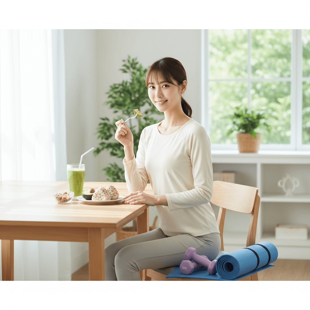 少食でも健康的に太りたいと考える女性が、食事と軽い運動を取り入れて前向きに過ごしている様子