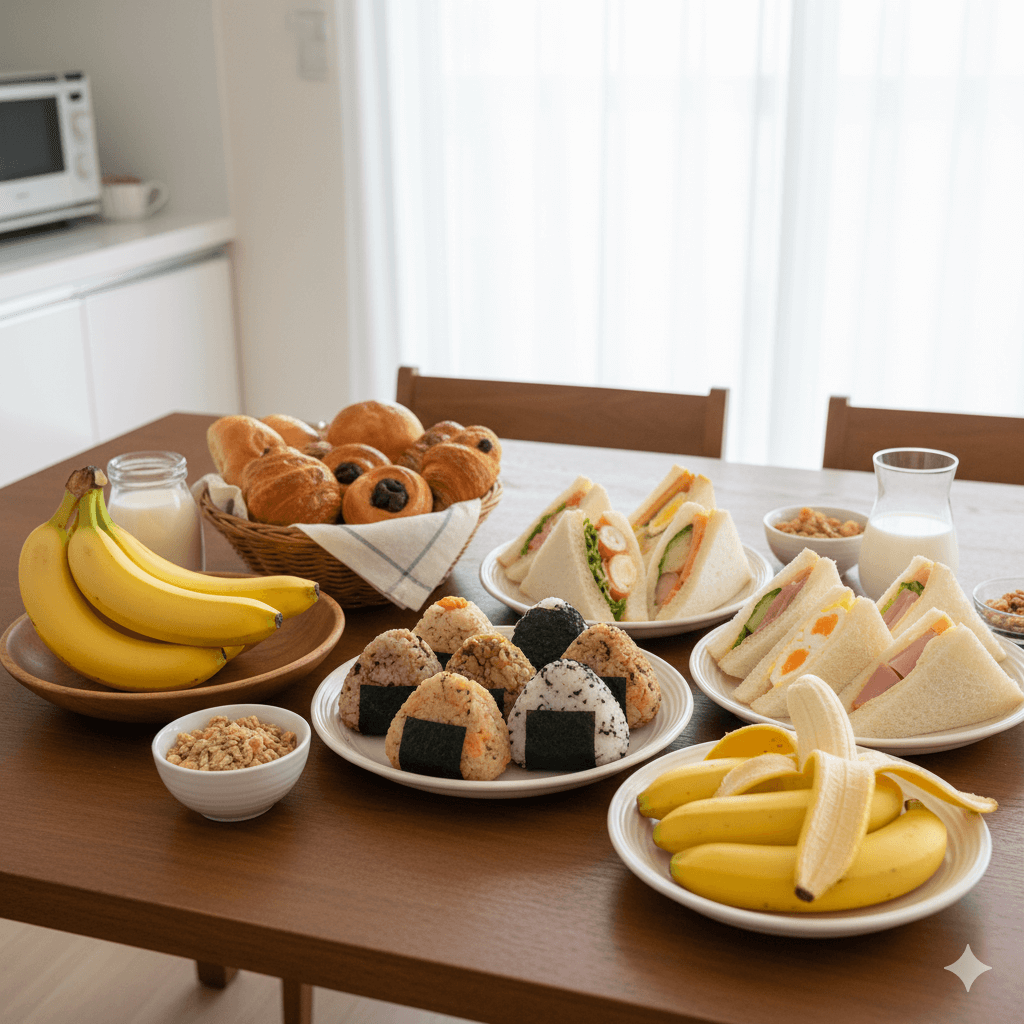 食卓に並ぶおにぎりやサンドイッチ、菓子パン、バナナなど炭水化物系の間食